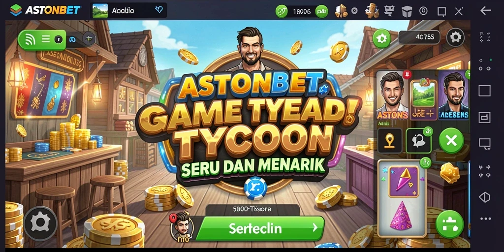 Screenshot gameplay ASTONBET yang menunjukkan perkembangan bisnis Tycoon.