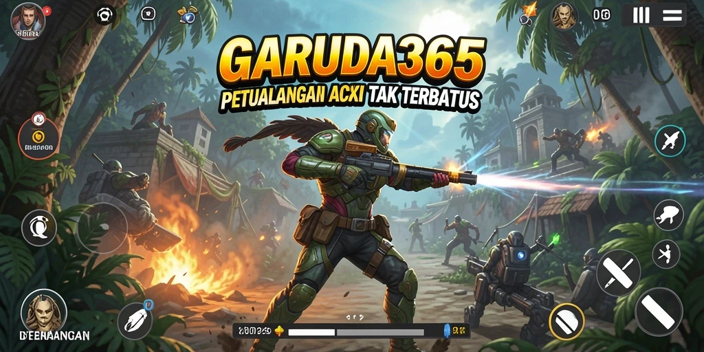 Screenshot utama GARUDA365 menampilkan aksi seru dalam pertempuran.