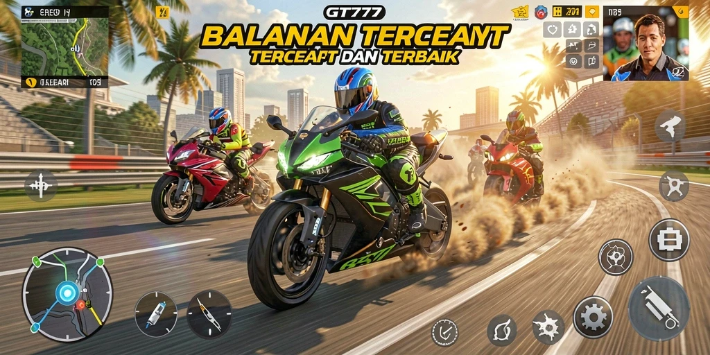 Screenshot gameplay GT777 dengan aksi balapan motor yang seru.