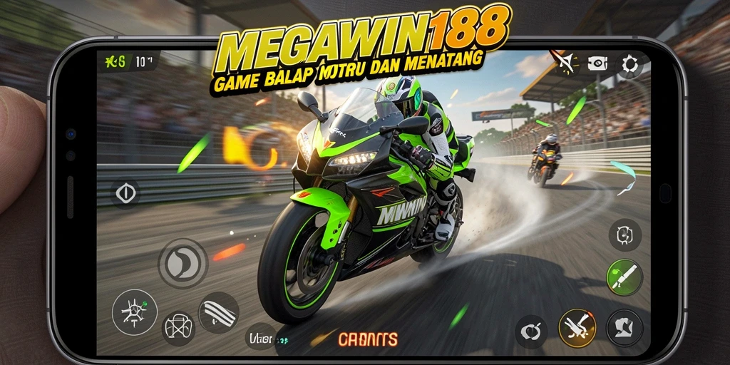Screenshot gameplay seru dari MEGAWIN188 dengan balapan motor yang mendebarkan.