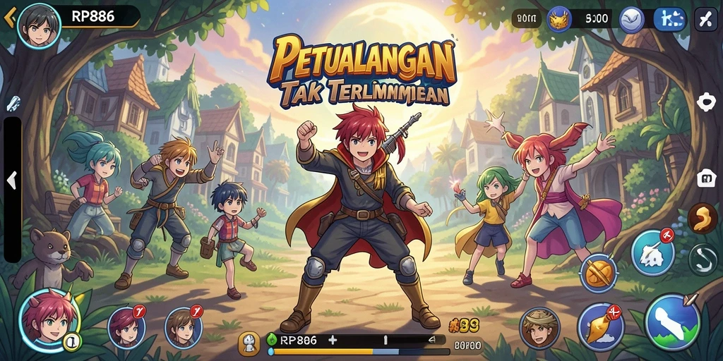 Screenshot dari gameplay RP886 yang penuh aksi dan karakter Anime.